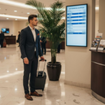 Hosť s kufrom si prezerá digitálnu tabuľu v hotelovej vstupnej hale. — digital signage v ubytovaní