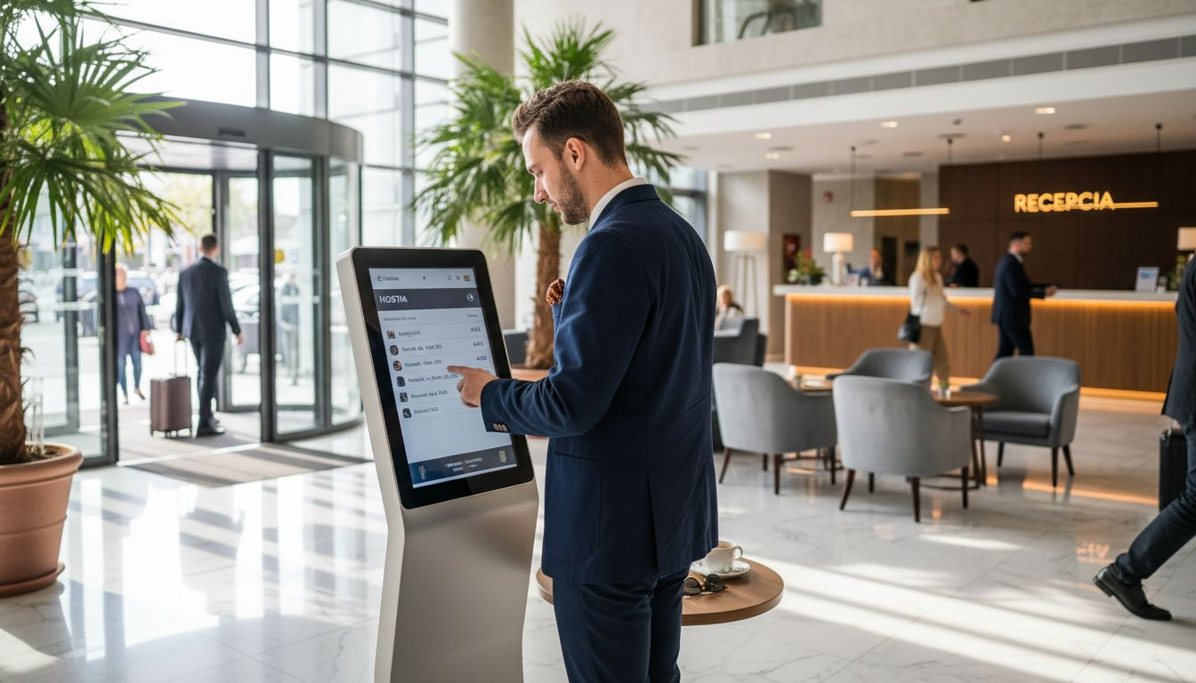 Interaktívny kiosk vo vstupnej hale umožňuje návštevníkovi prehliadať informácie.