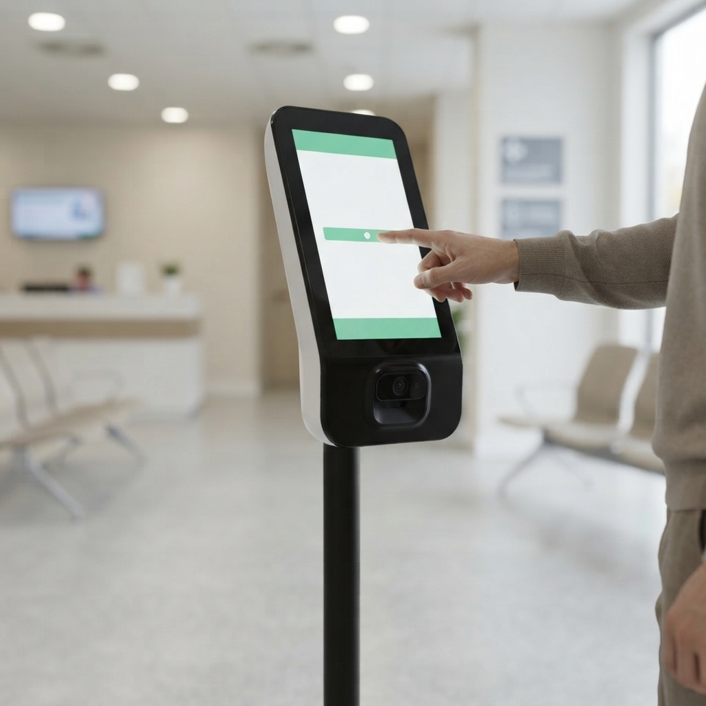 Digital-Signage-Touchscreen-Terminal zur Aufrufung von Patienten im Wartezimmer einer medizinischen Einrichtung.