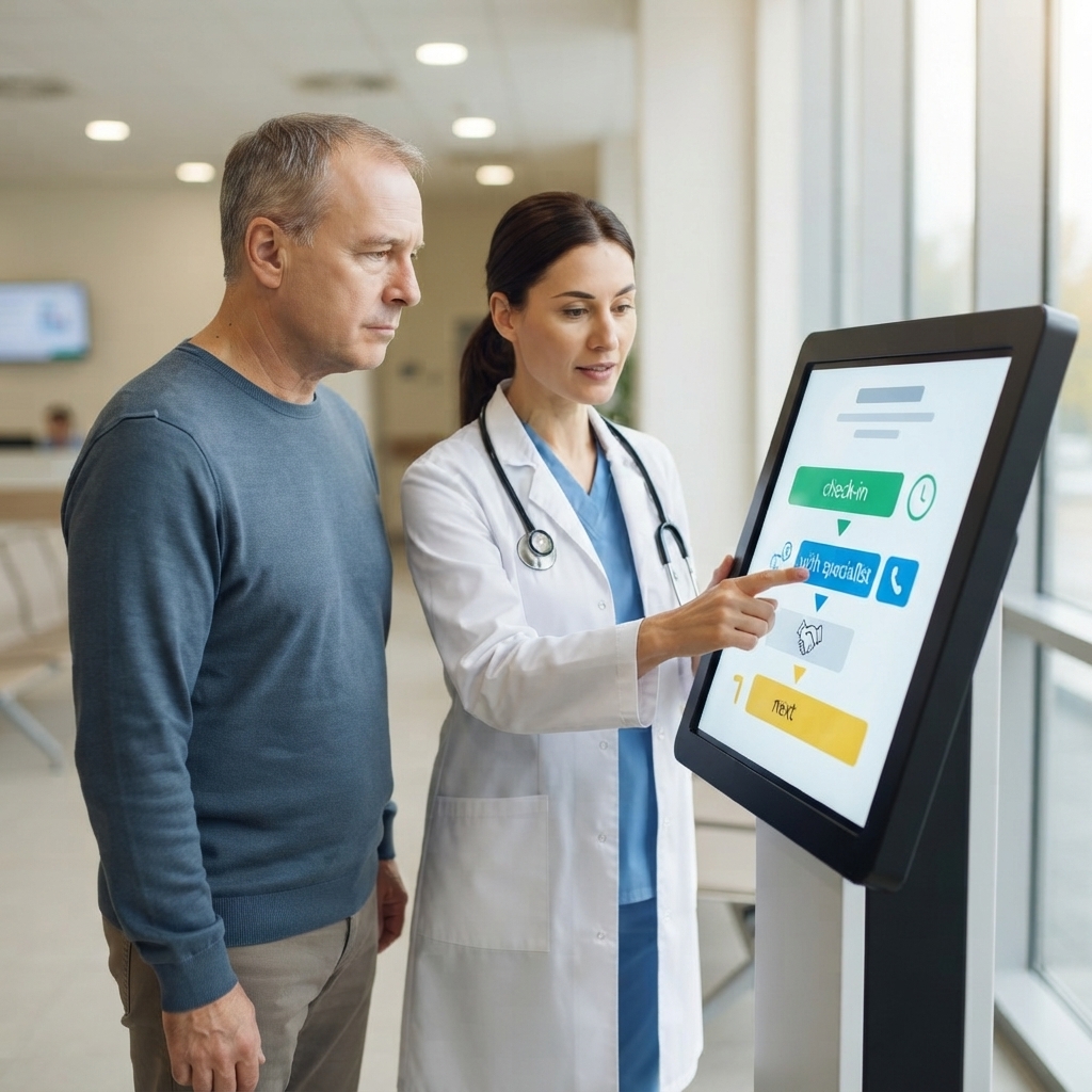 Die Ärztin erklärt dem Patienten das Aufrufsystem mit Digital Signage auf dem Touchscreen.