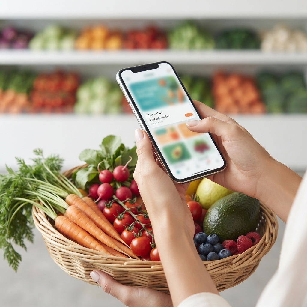 Smartfón s digitálnymi informáciami pri nákupe potravín