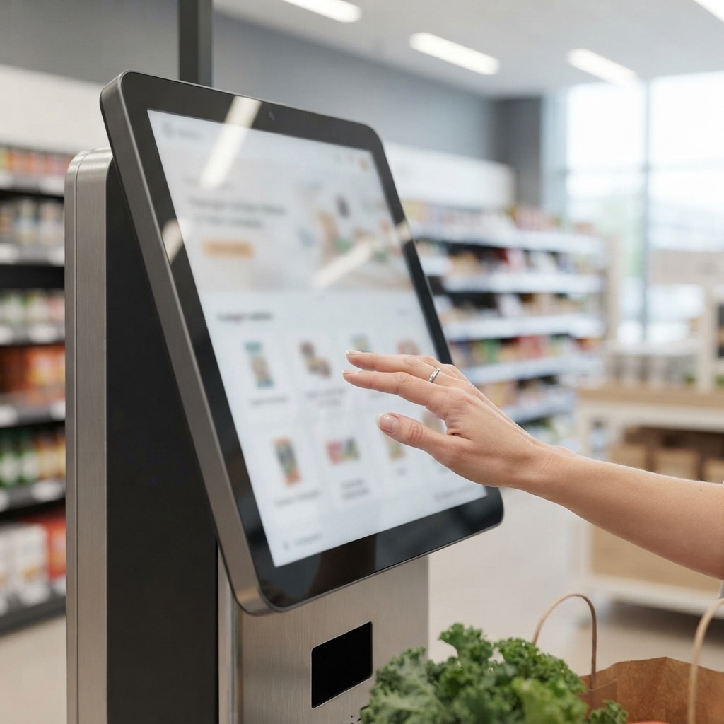 Interaktívny kiosk v predajni zobrazuje zákazníkom digitálne informácie na dotykovej obrazovke.