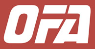 Logo OFA Training Center Logo OFA Training Center v červenej a bielej farebnej kombinácii — Digital Signage, kiosky, LCD, LED obrazovky