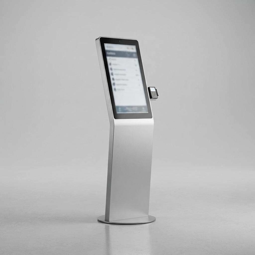 Interaktívny kiosk s dotykovou obrazovkou má samostatne stojacu minimalistickú konštrukciu.